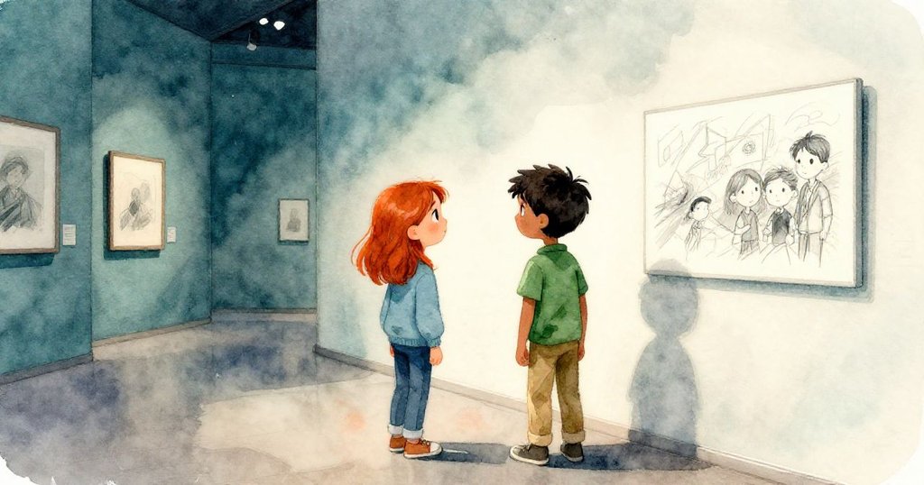 Cora 與 Eli 最後靜靜觀察融合新舊線條的畫作，燈光交錯中散發神秘氛圍，讓人感受無限溫馨與想像空間。