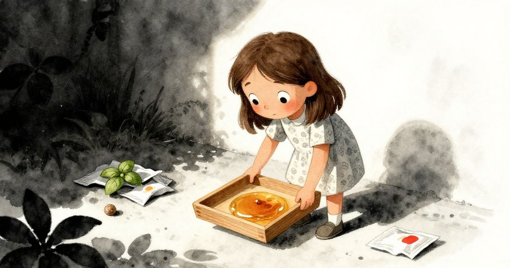 達拉在溫馨室內花園中彎腰觀察蜂蜜色木托盤上散落紙包及孤零零種子,表情充滿好奇與專注。