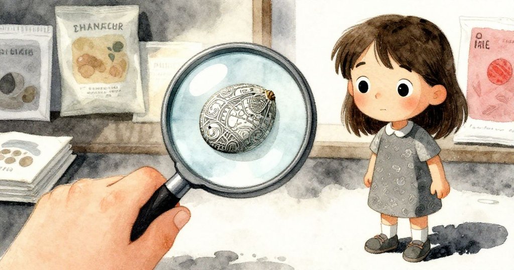 達拉的手持著放大鏡仔細檢查帶有地圖紋理的圓形種子,背景模糊呈現紙包,充滿細膩光影。