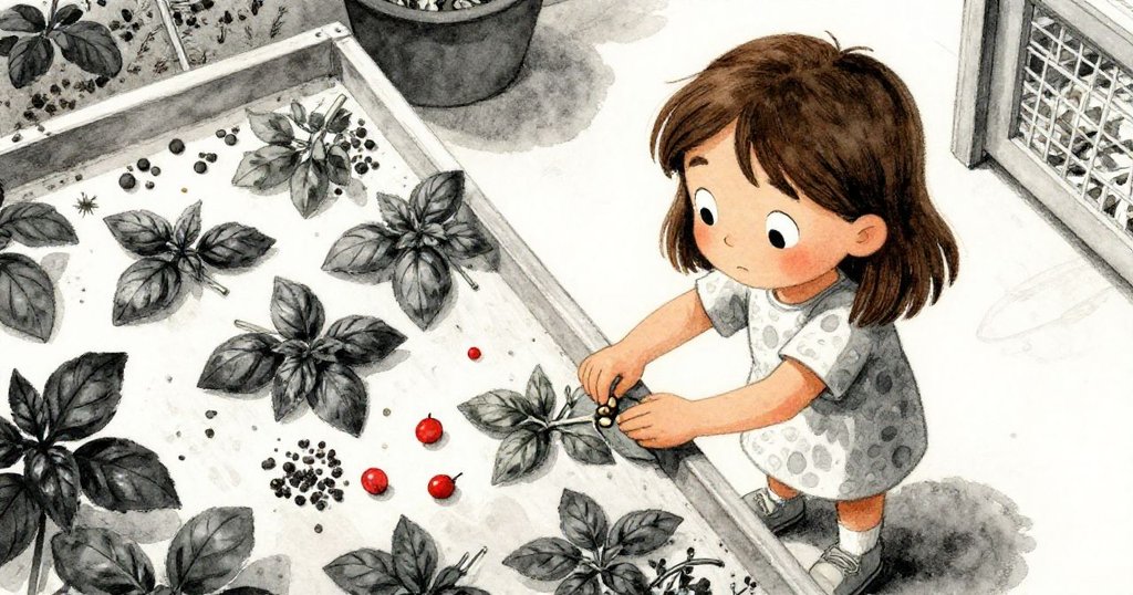 從高處俯視達拉專注地用手指輕碰乾燥羅勒莖上的種子,背景呈現懸掛草藥與木紋細節,氣氛溫馨。