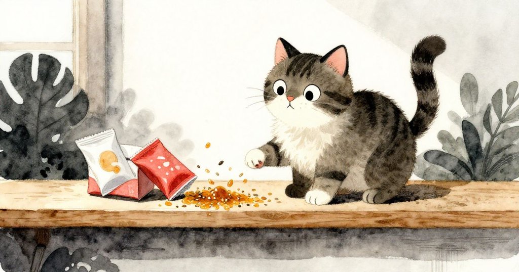 頑皮家貓在木架上跳躍時搖動尾巴打翻紙包,種子如焦糖砂般灑落,畫面充滿動感與溫暖陽光。