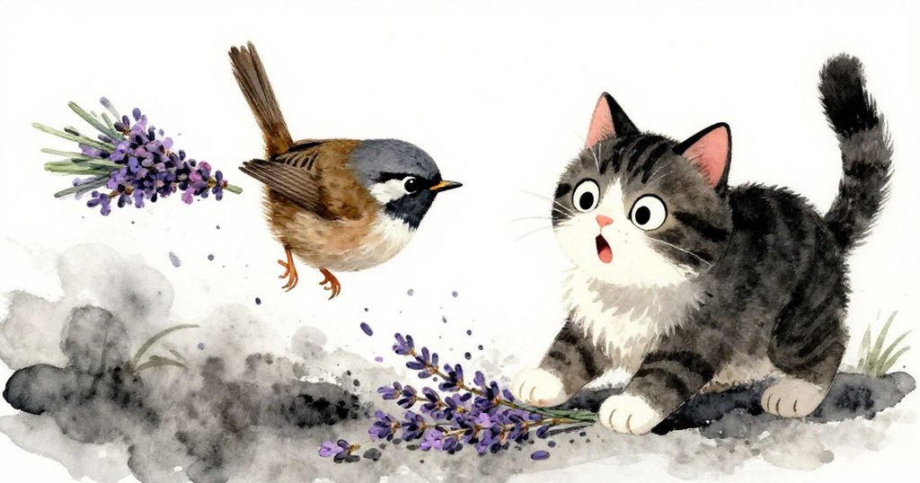 小鳥在飛起時誤撞薰衣草束,花瓣紛飛落在驚訝家貓背上,畫面定格充滿動態與柔和自然光線。