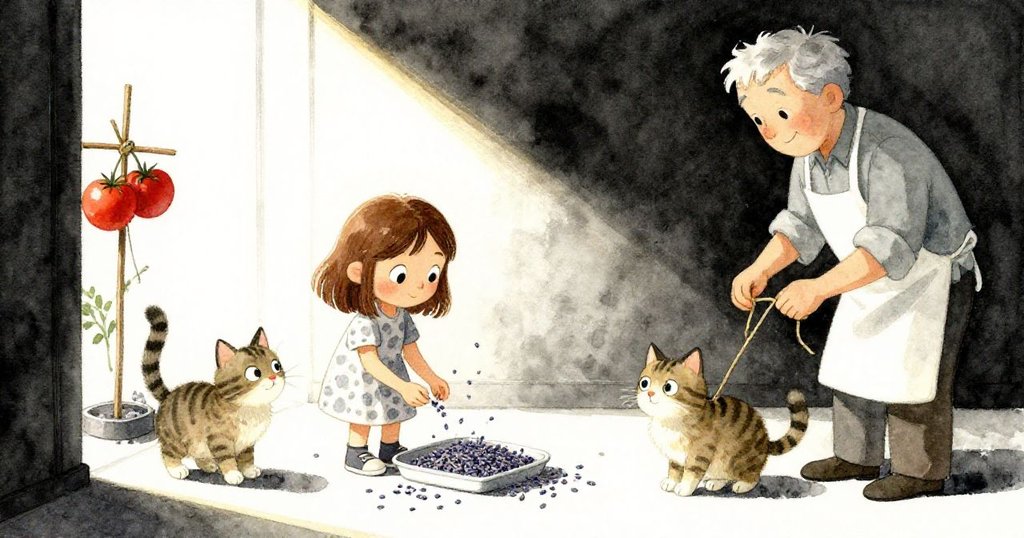 達拉在柔和午後光線中細心收集灑落薰衣草種子,家貓隨後進屋,窗外格倫綁緊番茄桿,畫面呈現平靜延續情景。