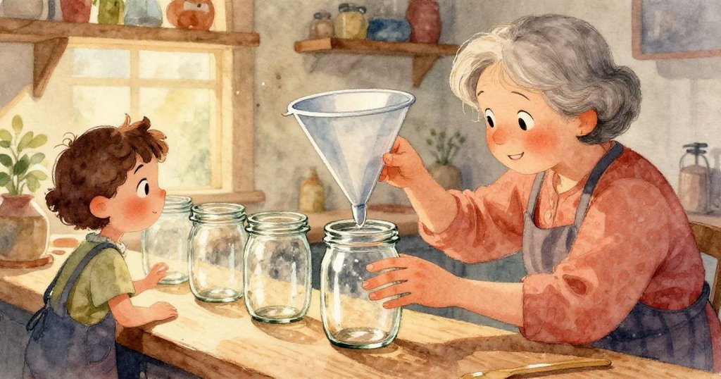 細緻特寫中，紅寶石般的果醬從漏斗緩緩流入玻璃罐，木匙上附著糖霜，展現古樸廚房準備細緻溫馨感。