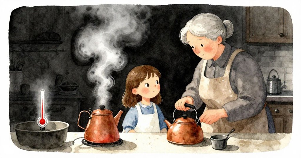莉莉與祖母在充滿歷史感的廚房中合作，銅壺冒著蒸氣，溫度計上數字朦朧，溫馨與神秘交織。