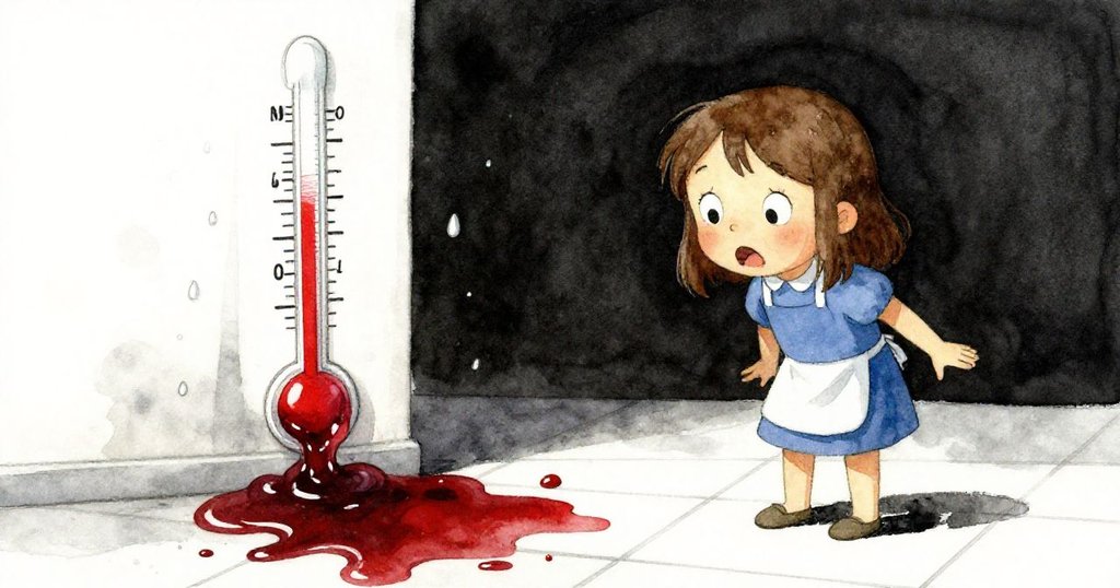 莉莉發現果醬溢出且凝露模糊溫度計，驚慌中急忙處理，溢出的甜密流動在瓷磚上蔓延，緊張氣氛濃厚。