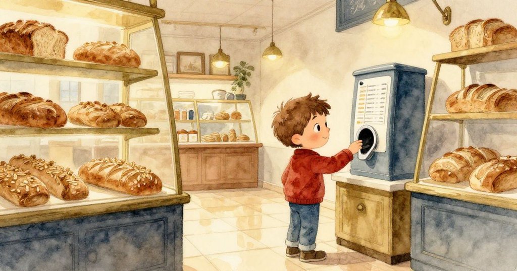 在溫暖的麵包店內，Soren注視著敞開的票機，神情好奇與略帶憂慮，背景有柔和燈光與麵包陳列。