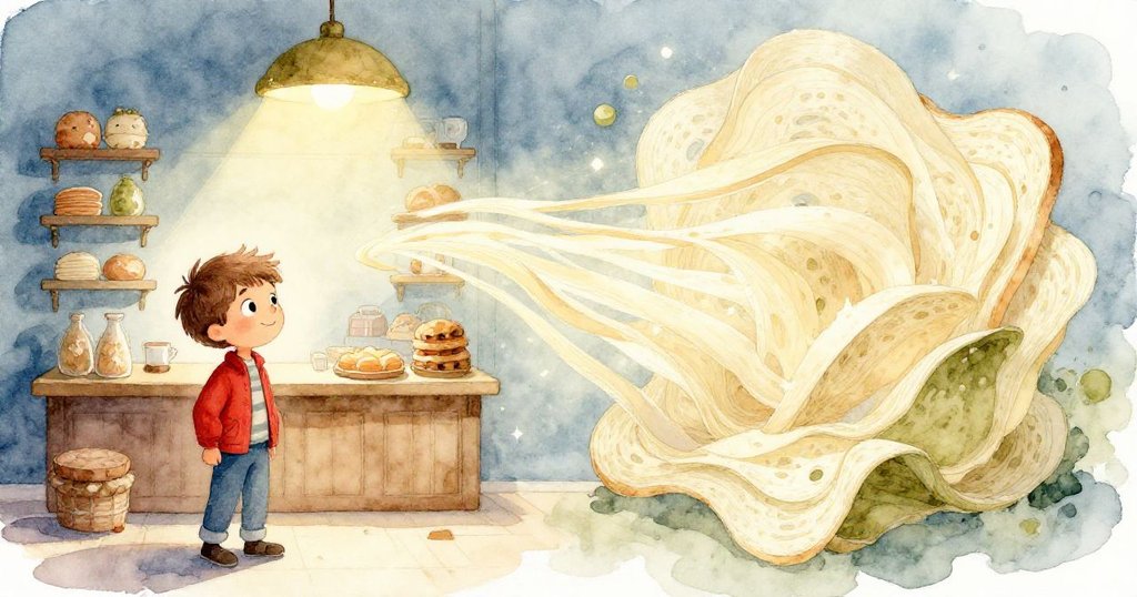 Soren臉上露出夢想的神情，想像著家中手工模型和薄切麵包的奇妙結合，燈光夢幻融合現實與幻想。