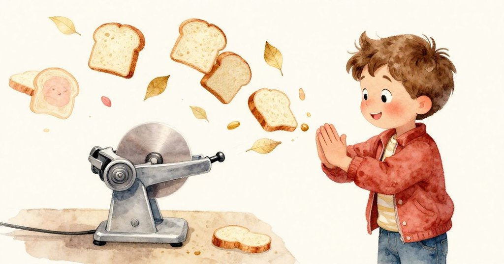 動態鏡頭捕捉Soren輕觸手腕計時，旁邊自動切麵包機運作中，麵包片如樹葉般飛舞，充滿節奏感。