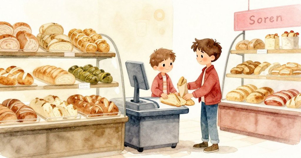 在自助結帳區Soren微笑著放入麵包，背景有暖色光與其他顧客，整體氛圍溫馨愉悅，計劃圓滿落幕。