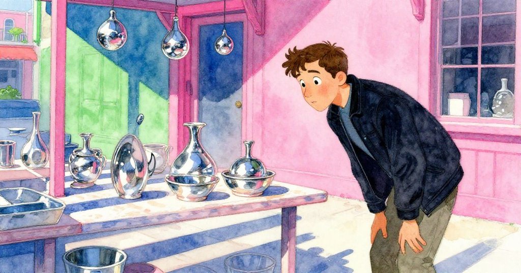 Jarvis穿著深黑休閒外套在陶瓷攤前探查缺口，斑駁陽光映射出交錯陰影，市場背景展現都市生機與戲劇感。