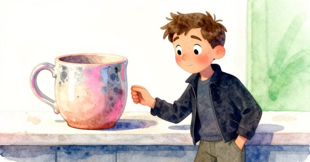 Jarvis手持陶瓷杯仔細對比空缺處的粉塵痕跡，側光下展現杯把細節與質感，流露出認真探索的神情。