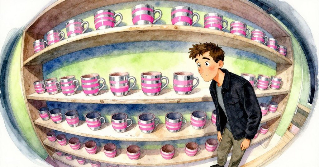 Jarvis凝視著展示架上每三個空缺的巧妙韻律，變形鏡頭下交錯陰影與陶器呈現迷幻質感，充滿探索神秘感。