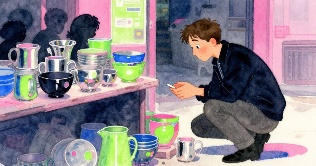 Jarvis蹲下檢查展示架上隱藏的陶器輪廓，柔光勾勒出精緻杯緣與堆疊碗盤，現出微妙光影之美。