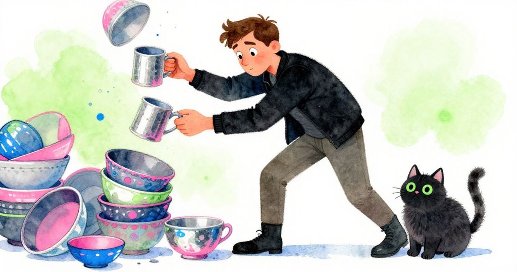 Jarvis奮力撥開滑落碗盤取出隱藏陶杯，緊張中市場貓在腳邊驚疑停留，展現努力與好奇並存。