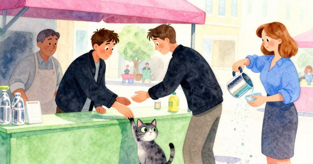 Jarvis站在櫃台前完成付款，供應商以點頭致意；市場貓輕觸腳踝，Stella細心澆水，充滿溫馨都市市集氛圍。