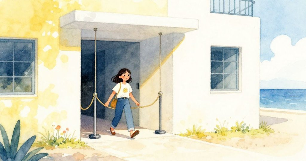 Xara 穿過博物館入口，步入陽光充沛的展廳，滿懷期待，背景中展示現代建築與擺動繩索，氛圍溫暖明亮。