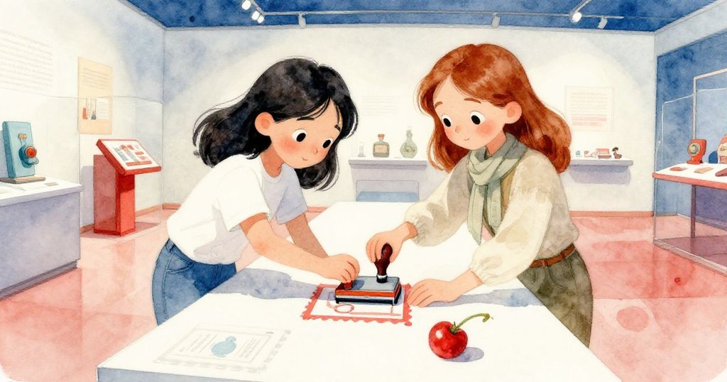 Xara與Frida在印章桌前共同操作，細緻印痕與橡皮把手呈現輕微變形效果，動作專注互動，氛圍神秘。