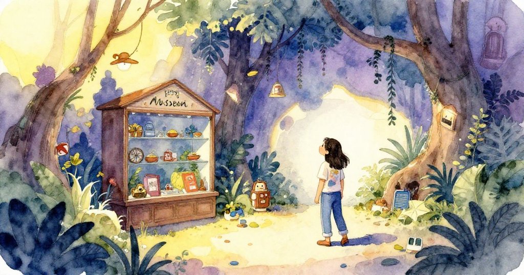 Xara站在隱蔽的自然歷史展中，凝視旋轉雨林模型，樹藤交錯、微綠鸚鵡穿梭光影，神情中透露出驚奇與沉思。