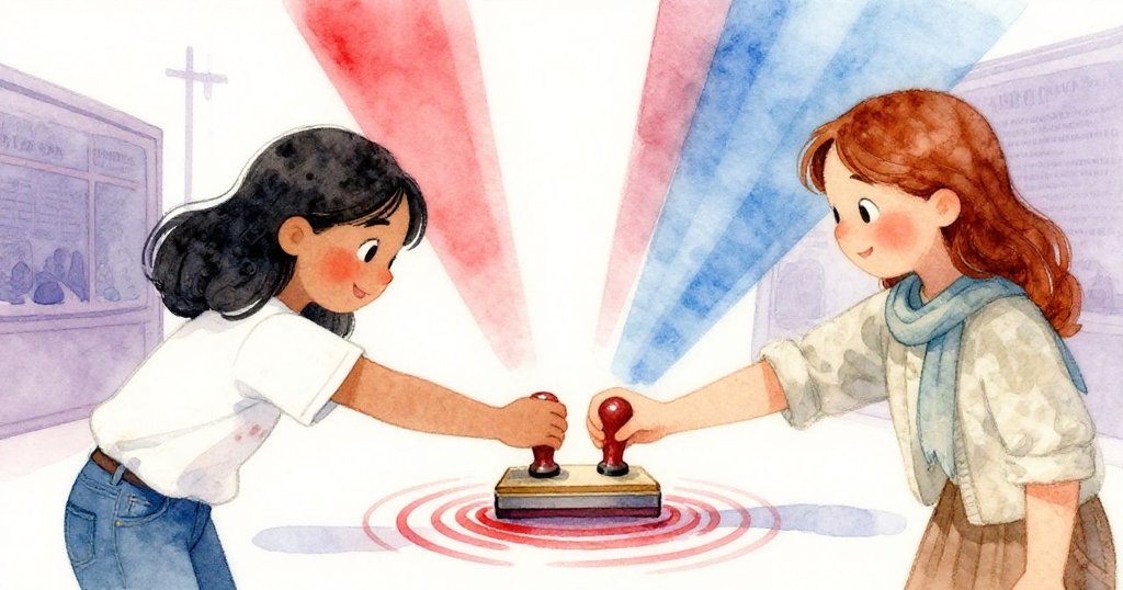 Xara與Frida雙手協力按壓郵票，瞬間凍結出清晰印痕，光束交錯下展現出動人又緊張的合作瞬間。