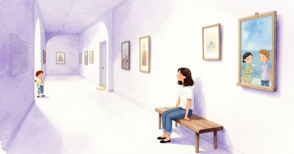 Xara靜坐於博物館長椅上，柔和光線映襯出平靜走廊，臉上流露出對探索後的滿足與沉思，氛圍安詳。