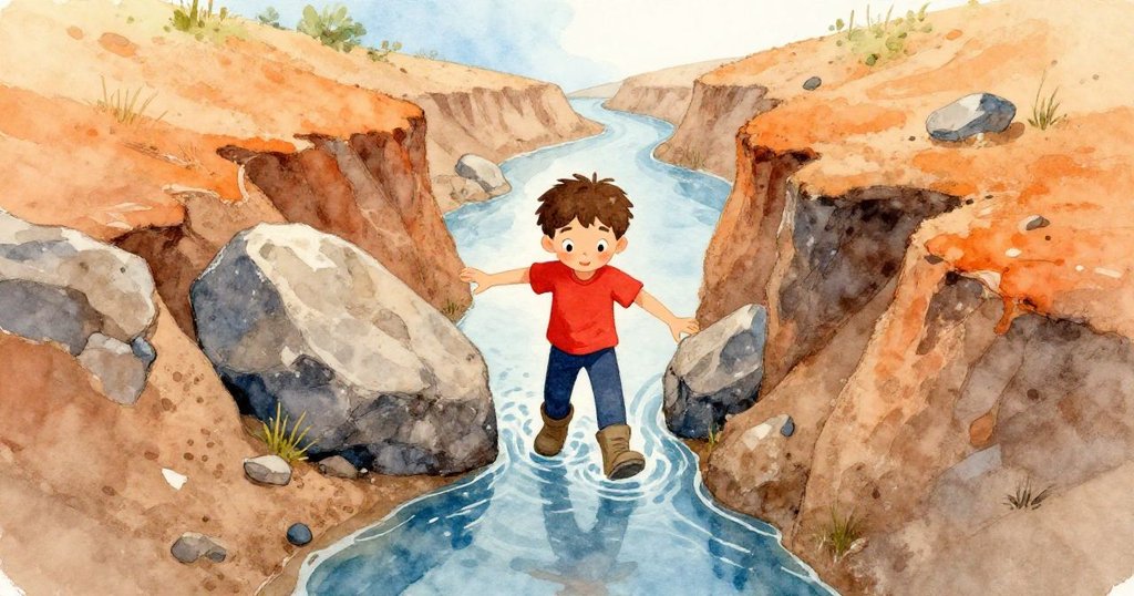 Erik 穿紅襯衫踏進由石頭形成的天然門道，乾燥河床與陽光交織，展現出充滿決心的冒險情懷。