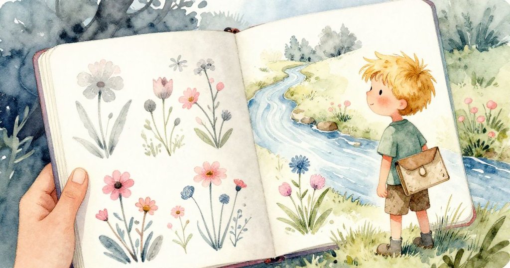 Forrest 以主觀視角描繪野花與溪流，手持畫本，神情專注，充滿寧靜與創意的氛圍。