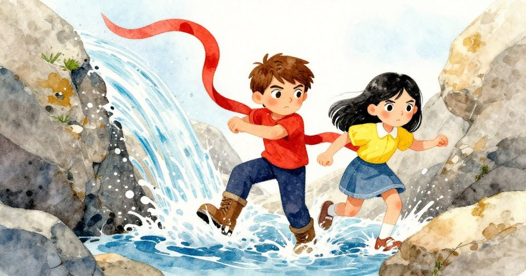 亮石落下後，水流如彩帶般湧出，Erik 與 Gemma 臉上展現決心與驚喜，水霧與陽光交織營造迷人氣氛。