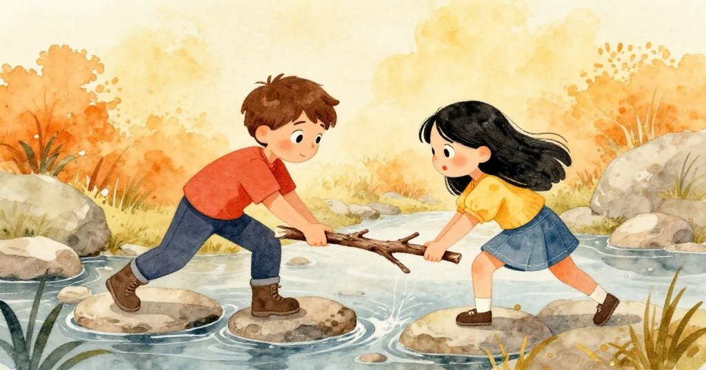 Erik 與 Gemma 緊密合作，推動分叉樹枝固定溪邊石塊，互動間流露出默契與專注，背景有清澈溪流。