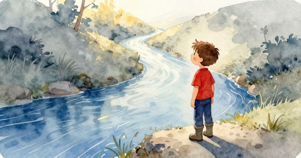 Erik 靜立寬闊溪邊，目光凝望蜿蜒水路，陽光灑落下展現新冒險的希望與未來。