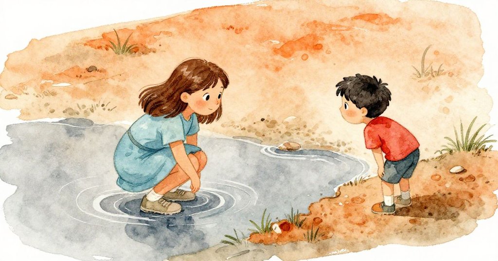 奧娜蹲在濕潤的泥邊,用樹枝推動著樹葉小船,伊萊在附近乾地注視,場景充滿好奇與專注。