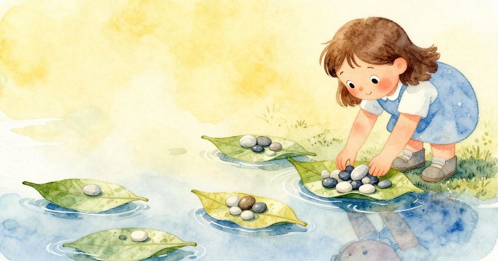 奧娜專注地把小卵石放在樹葉筏上,鏡面般的水面展現簡潔留白,展現她細膩的手藝與寧靜心情。