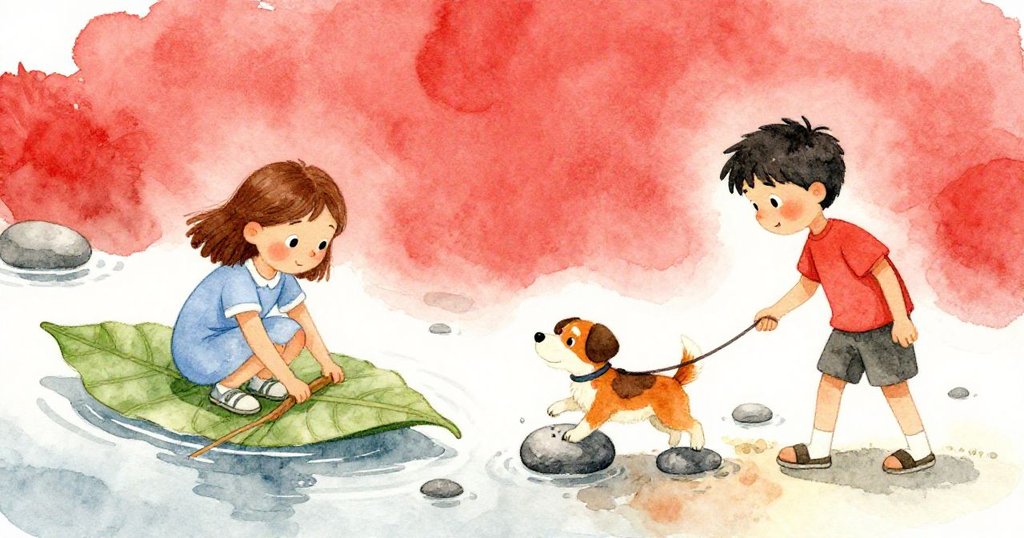 奧娜在一邊小心調整偏斜的小筏,另一邊小狗嬉戲衝破乾石,伊萊上前阻擋,畫面同時呈現專注與突如其來的活力。