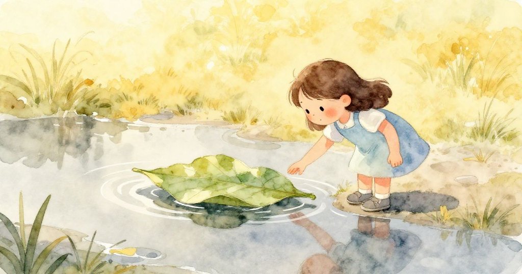 陽光穿透雲層照耀濕潤水面,奧娜輕輕伸指撥動被僵硬水膜困住的樹葉筏,畫面充滿希望與溫暖。