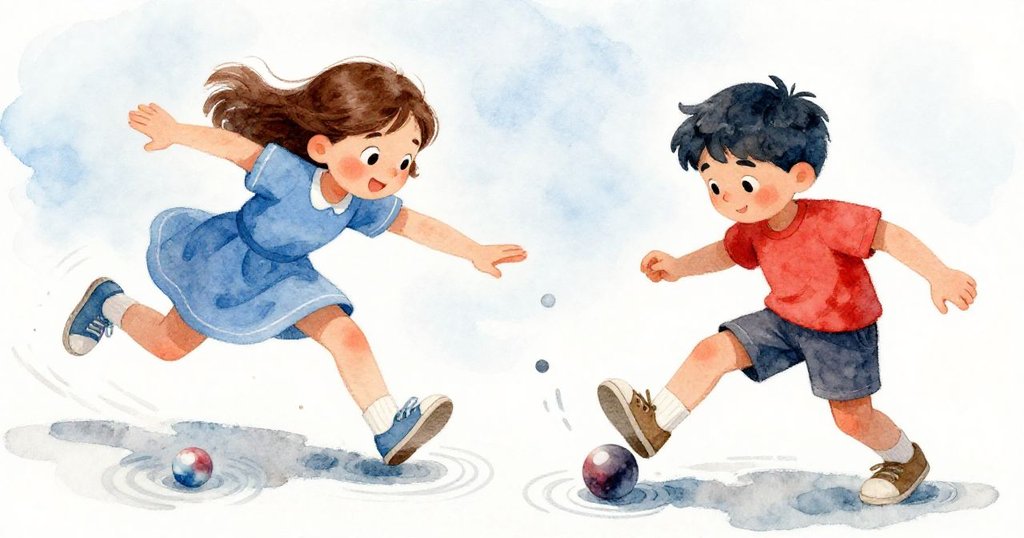 突如其來的意外中,奧娜迅速撿起滾動的小彈珠,伊萊用腳停住滑落的卵石,水面蕩起層層漣漪,情緒急切。