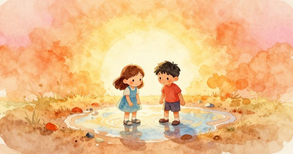 傍晚柔和陽光照在水邊,奧娜與伊萊相聚在乾漸的水面前,共享安靜滿足的時刻,回應一天的微妙變化。