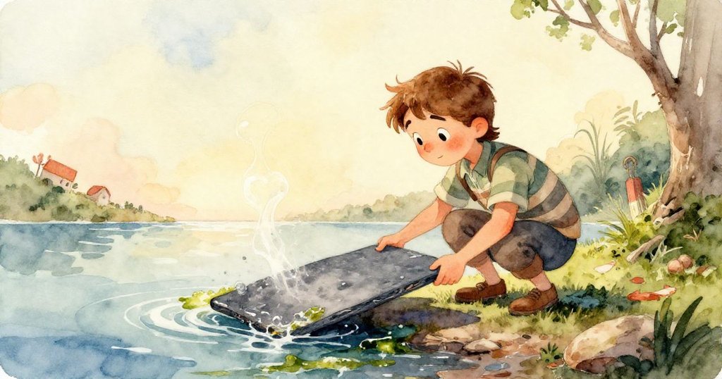 Reese的手專注地將石板嵌入石塊凹槽，展現堅毅與平衡，細緻呈現濕潤自然素材與柔和光影。