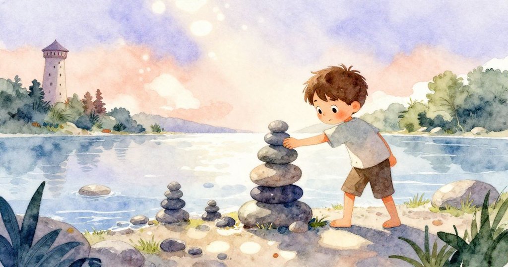 Reese在河邊仔細堆疊石頭，前景石塊層次分明，遠處高塔隱約可見，充滿專注與遠大目標。