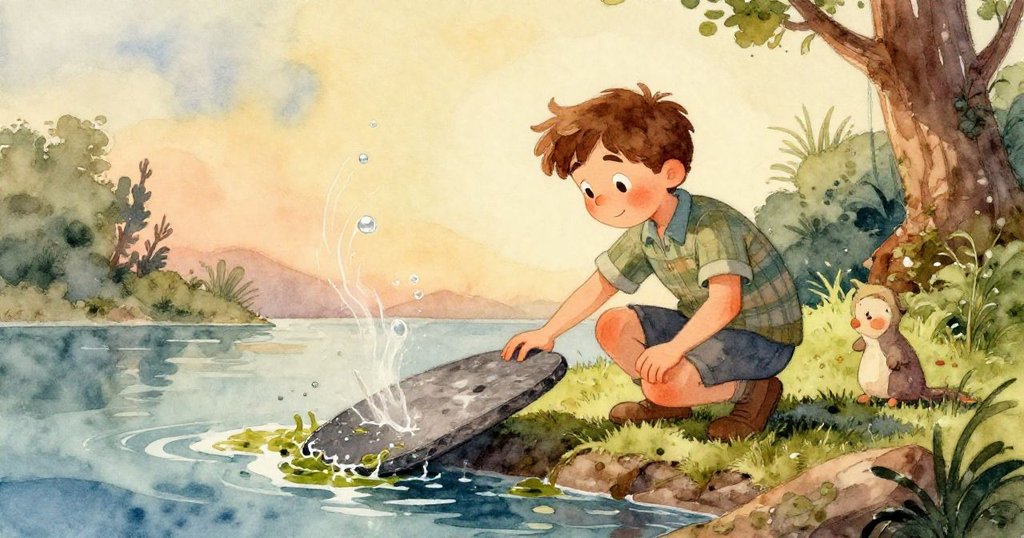 卵石在透明淺水中閃爍滑動，沙鷗低飛掠過，水中倒映出自然流動的柔和與生命律動。