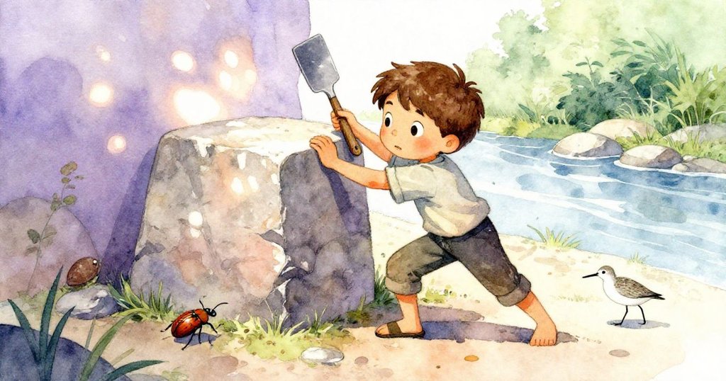 Reese奮力以野餐鏟撬動沉重石塊，旁邊甲蟲驚逃、沙鷗盤旋，畫面緊張充滿轉機前的激烈氛圍。