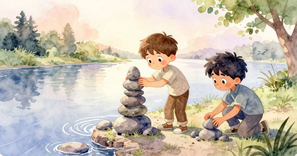 Reese站在堅固石塔前欣賞成果，Grey在遠處開始建塔，柔和流水與暖光環繞展現冒險結尾的溫馨與滿懷希望。