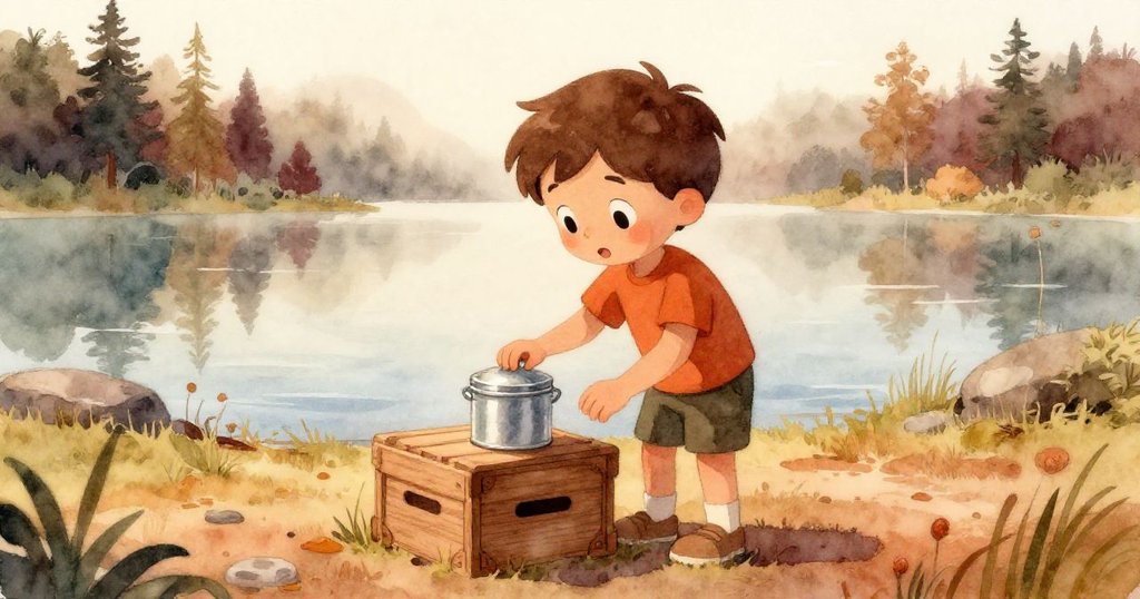 Reese在湖邊木箱上放著冷鐵盤，清晨薄霧中動作專注，環境古樸溫暖，展現冒險初始。