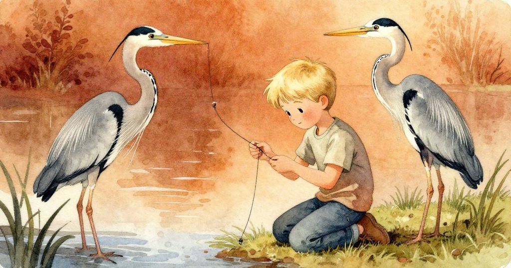 Floyd聚精會神地穿上魚鉤，同時灰色涉禽靜立於柳根旁，場景呈現對比與平靜，故事進入發展。