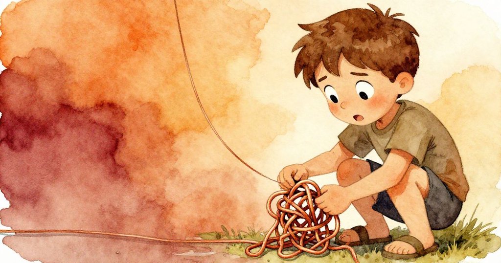 Reese蹲下專注解開魚線亂結，手指靈巧在複雜線圈間穿梭，場面帶有超現實幾何感，情節轉為智慧解謎。