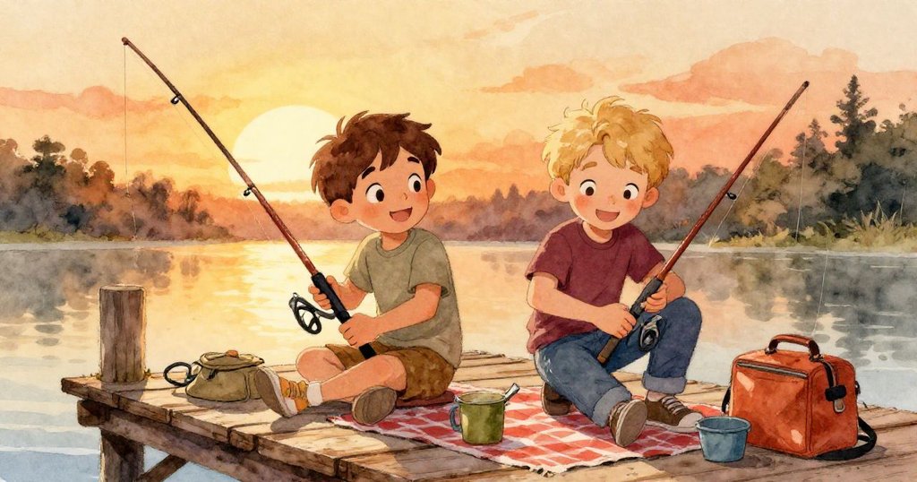 傍晚時分，Reese與Floyd在碼頭上整理釣具與野餐物品，涼盤覆滿淡麵包屑，兩人滿懷溫馨笑容，結束一天精彩冒險。