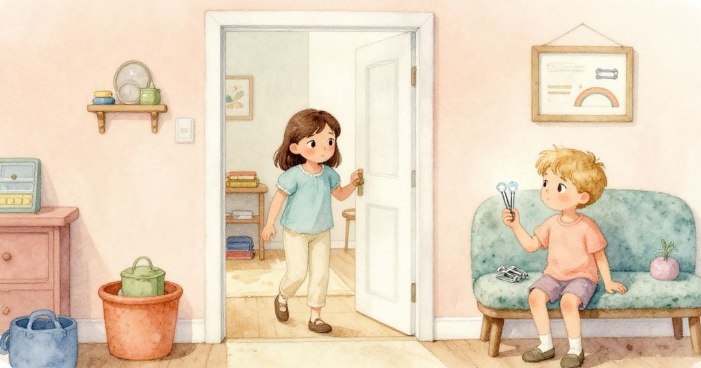 Zane邁步走入明亮的遊戲室，Esme站在絨墊旁握著閃亮金屬夾，眼神堅定充滿期待與好奇。