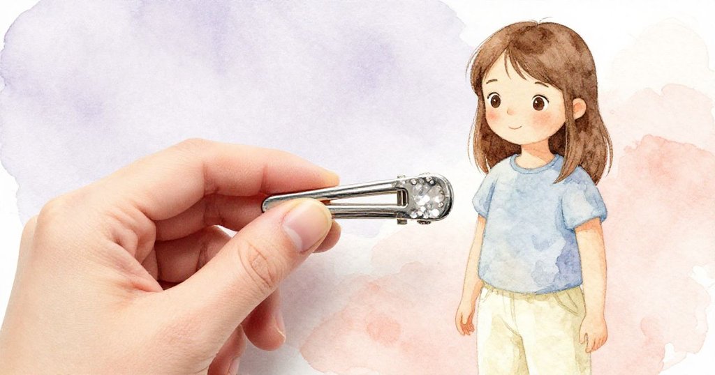 Esme輕觸閃亮金屬夾，手部動作細緻，背景中絨墊紋理突顯出溫暖與專注情感。