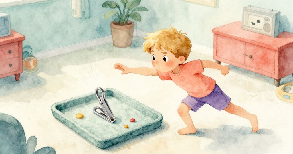 從高處俯視，Zane急速伸手抓取滑動中的金屬夾，神情專注，場景中細節豐富的遊戲室與地磚清晰可見。