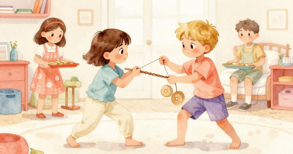 Zane專注調整繩索與砝碼，動作細膩緊張，背景中Esme用力推閉托盤，展現出合作與挑戰的動人瞬間。