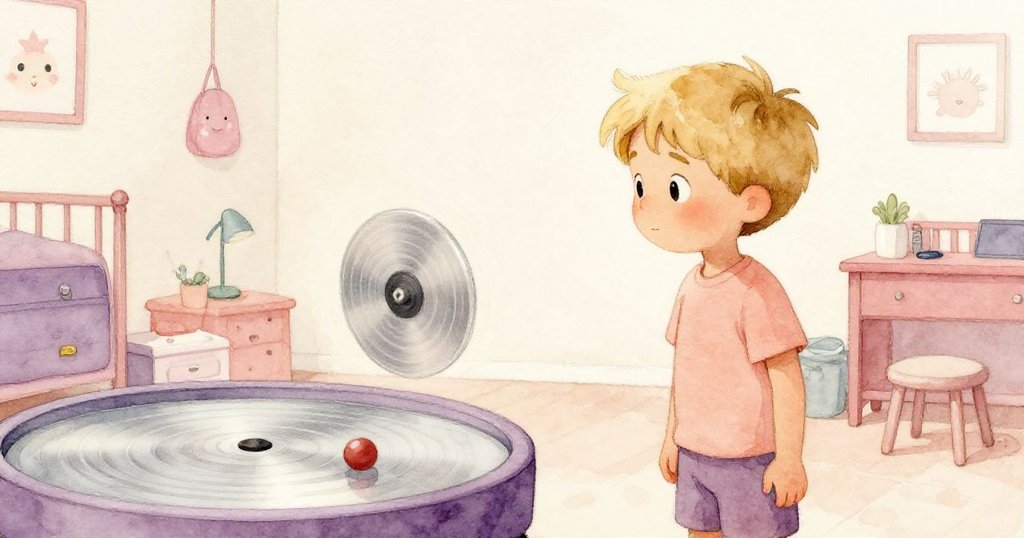 在柔和光影下，Zane靜坐凝望緩緩旋轉的砝碼，臉上透露出平靜與滿足，場景充滿溫馨與寧靜感。